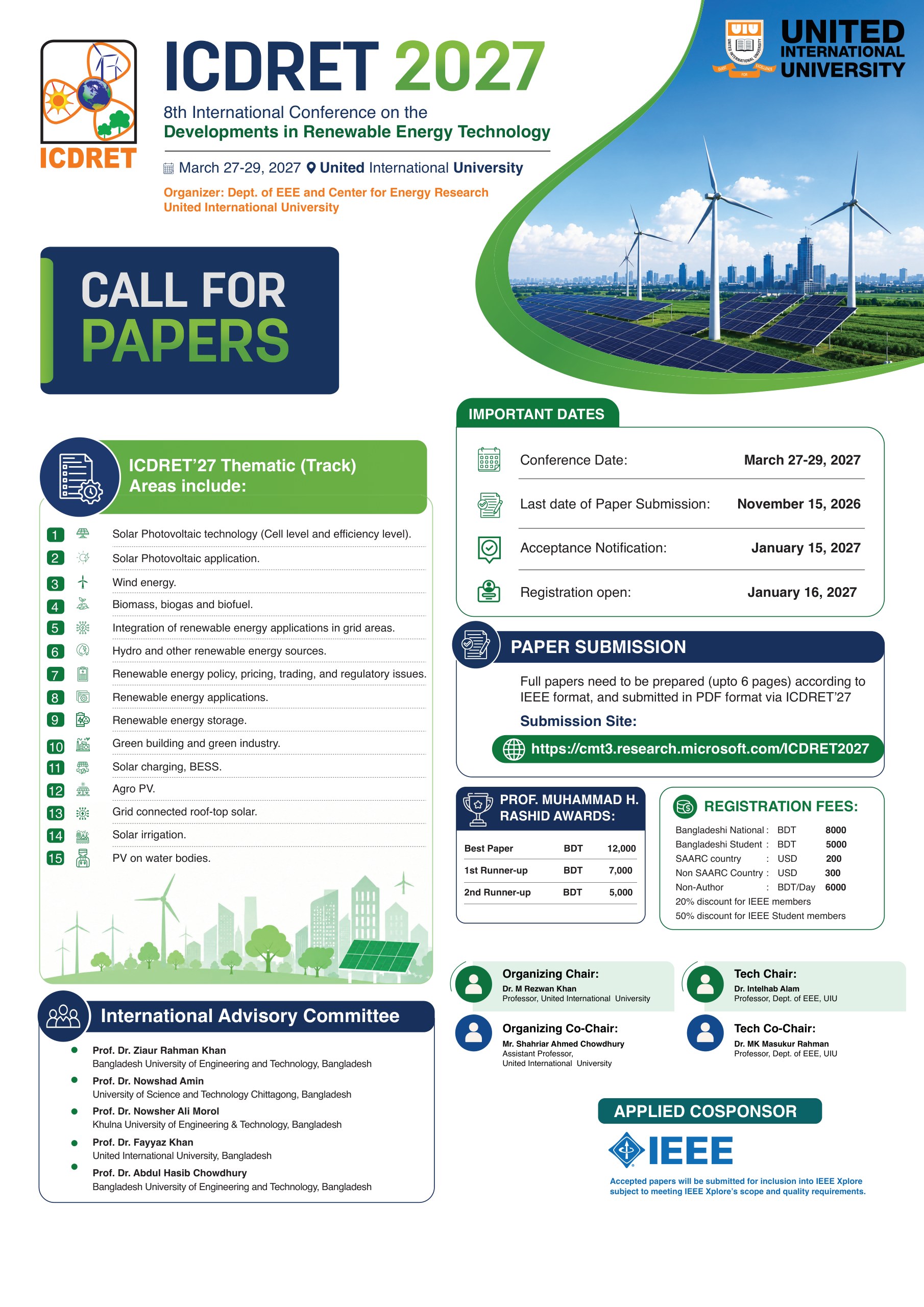 ICDRET 2027 Call for Papers: 8th International Conference on the Developments in Renewable Energy Technology, 27–29 March 2027, United International University. Paper submission closes 15 November 2026.